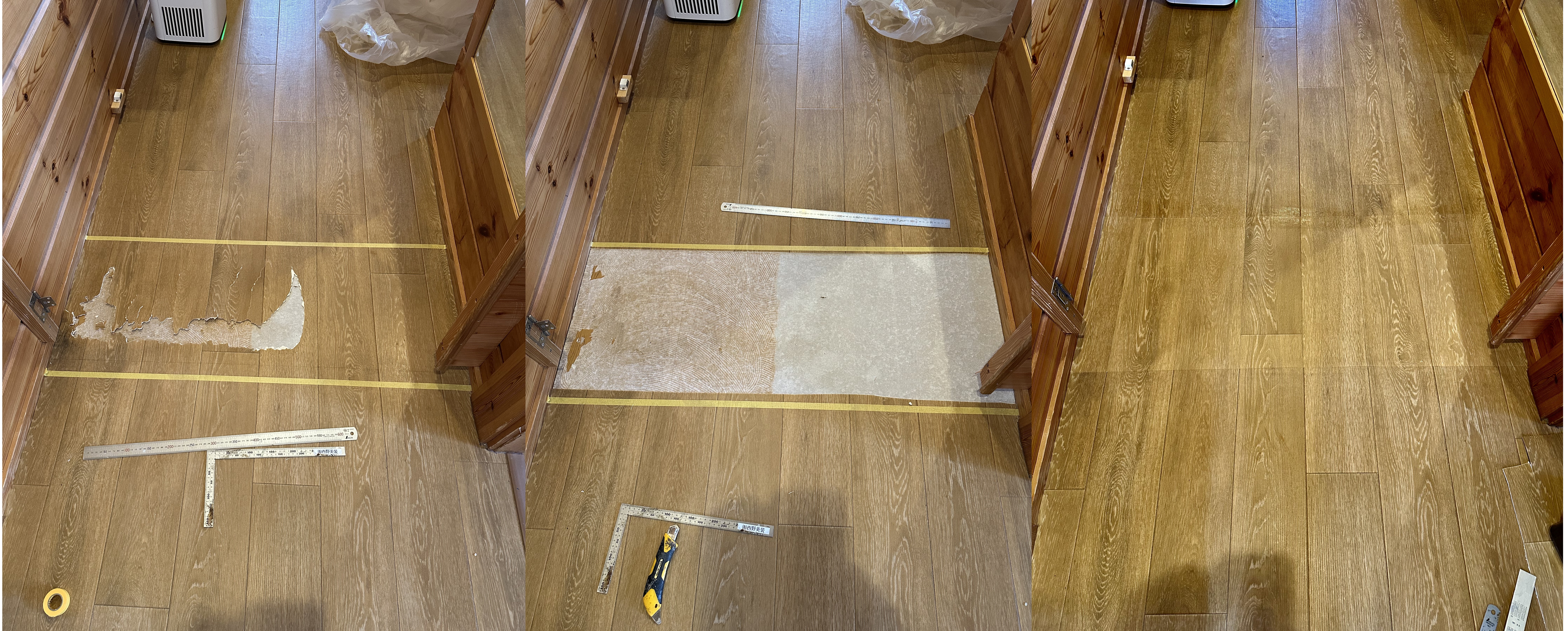 ペットが傷をつけてしまった傷も補修できます。今回は部分的に柄合わせして施工しました。